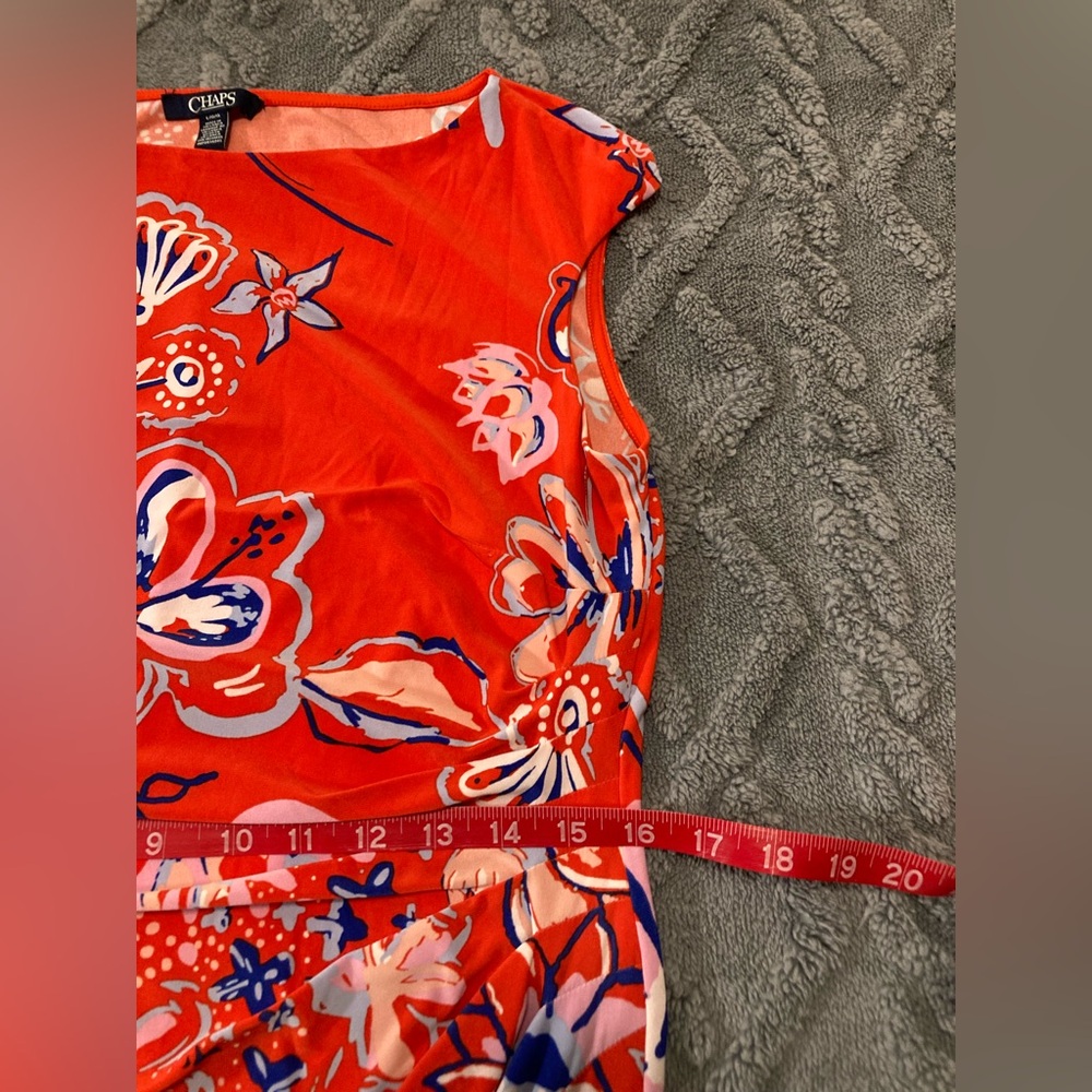 Chaps Bright Orange Midi Floral Dress w Side Ruching, Size Large - Picture 8 of 12